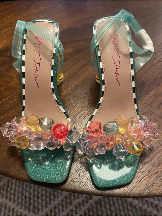 Betsey Johnson Shoes - Betsey Johnson Teal “Brodie” clear Ankle-Strap Heels with Crystals, size 6.5